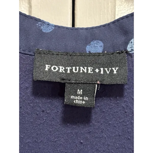 Fortune +‎ Ivy Polka Dot Chiffon Blue/White 3/4 Tie Sleeve Button Blouse Size M - Image 2