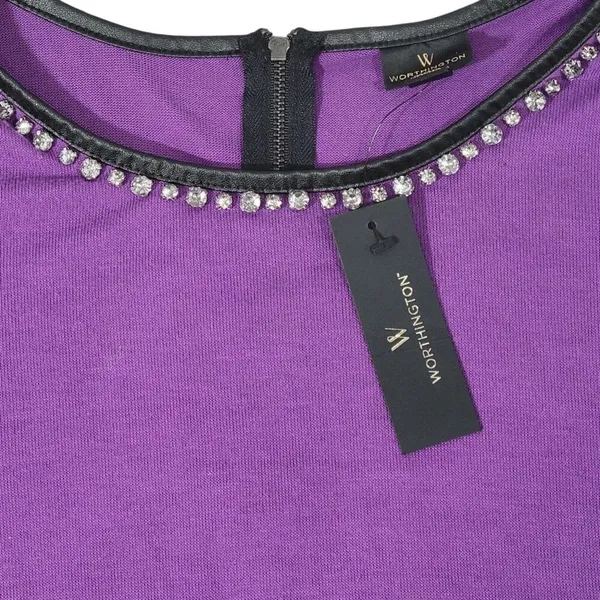 Worthington Purple Long‎ Sleeve Rhinestone Embellished Zipper Neck Top Shirt L - Image 4