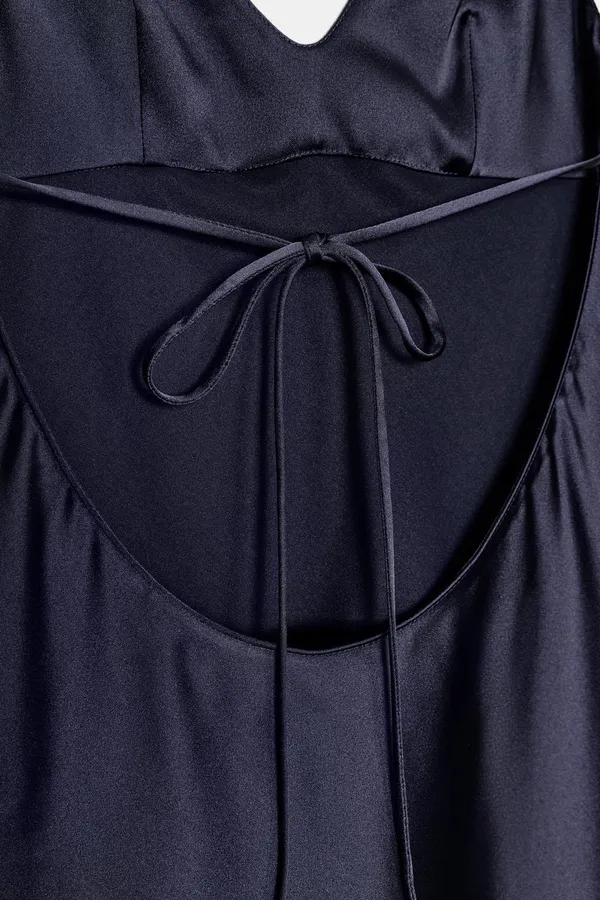 Zara Satin Slip Dress with Lace Trim - Navy - Image 5