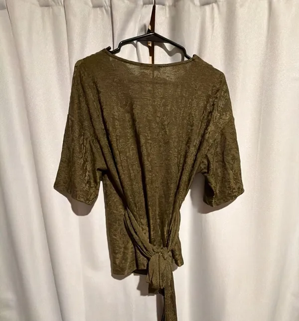 Zara Wrap Blouse Size S Olive Green Velvet V-Neck Tie Front Top - Image 3