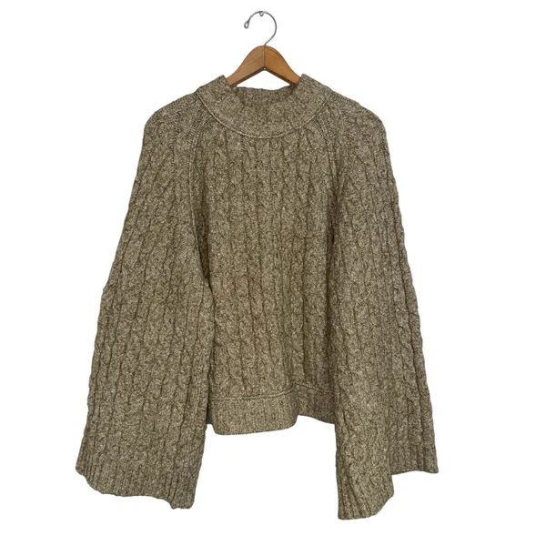 Free People Snow Bird Cable Knit Bell Sleeve Mock Neck Sweater Olive Green Large - Image 4