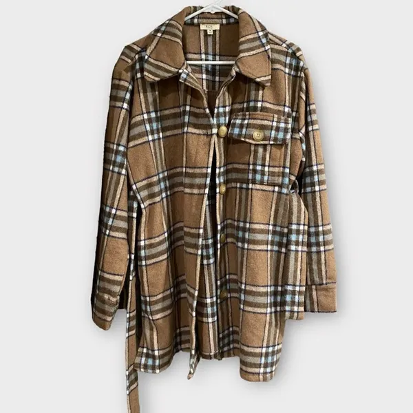 Kori America Plaid Shirt Jacket Shacket Belted Coat Size Medium - Image 2