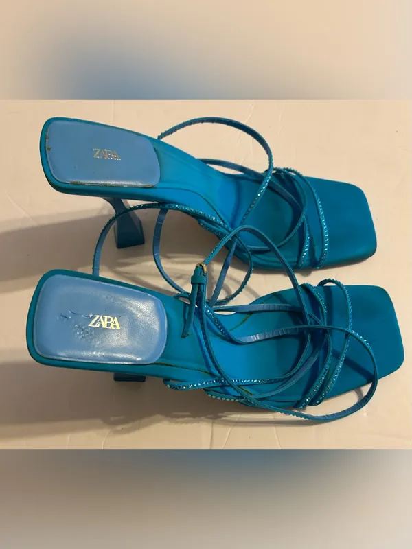 Zara Turquoise Strappy Square-Toe Heeled Sandals - Image 2