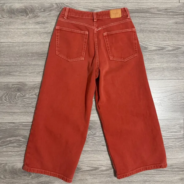 Bershka Burgundy Wide Leg Cropped Denim Jeans Contrast Stitch Mid‎ Rise Size 2 - Image 4