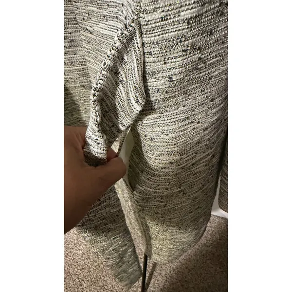 White House Black Market Metallic Tweed Tie Waist Coat Gray Cream Size 14 - Image 4