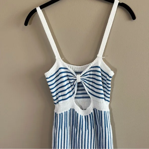 Women’s Blue White Striped Knit Cut Out Dress Small - Image 2