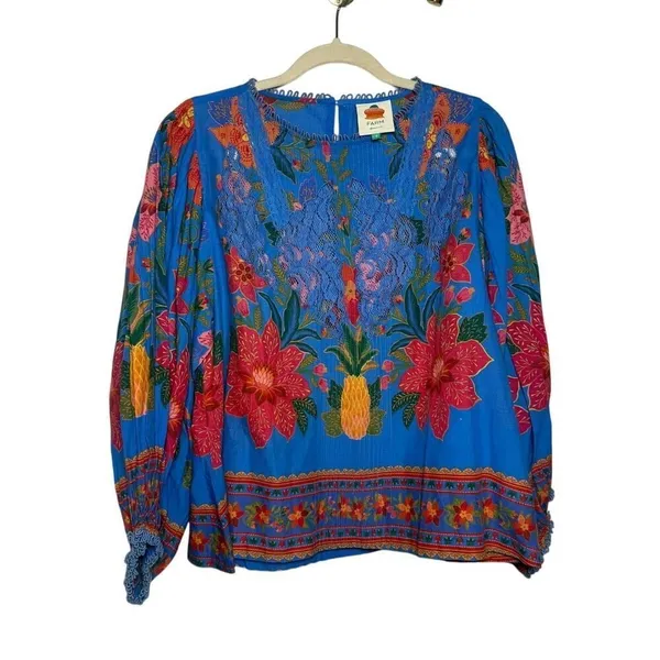 Farm Rio Tropical Tapestry Blouse Lace Inset Sz. S - Image 4