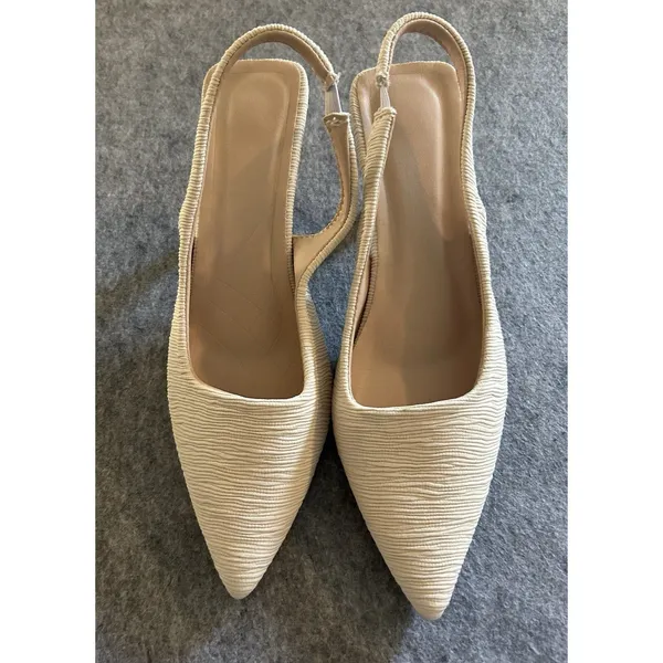 Cream Textured Fabric Slingback Kitten Heel Pumps 7 (37) Elegant Wedding Party - Image 2