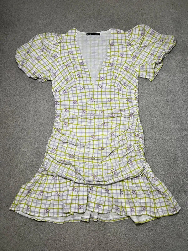 Zara Checkered Floral Print Draped Balloon Sleeve with Embroidered Eyelet Detail Mini Dress Size Small - Image 2