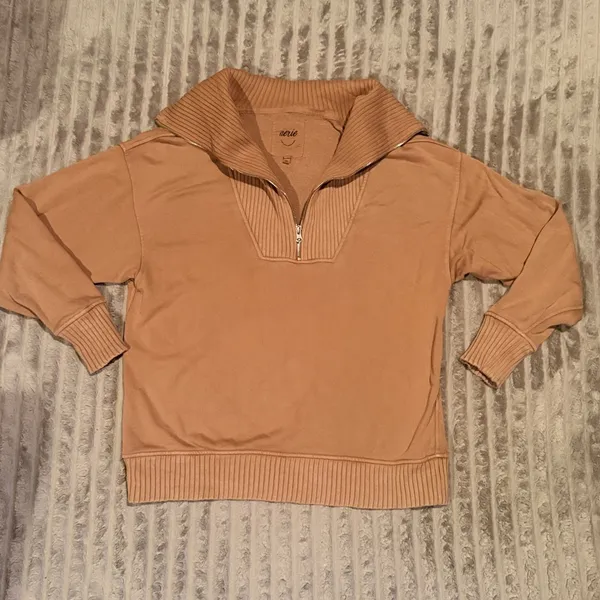 Aerie Oversized Quarter Zip Sweatshirt Tan‎ Ribbed Trim Pullover XS - Image 2