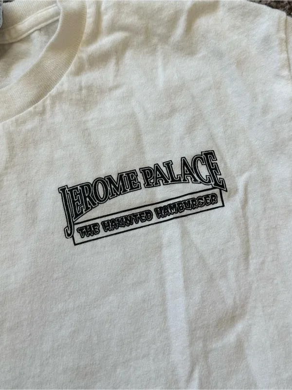 Gildan White Tee with Green and Blue Jerome Palace Haunted Hamburger Graphic - Image 3