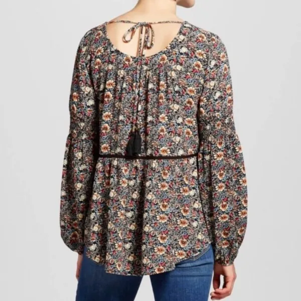 KNOX ROSE Smocked Floral Tie Back Top Black Etc Boho Long Sleeve Peasant Blouse - Image 5