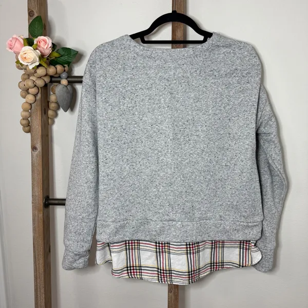 Izod Womens Grey Speckled Sweatshirt Plaid Tie Front Layered Look Size Medium‎ - Image 4