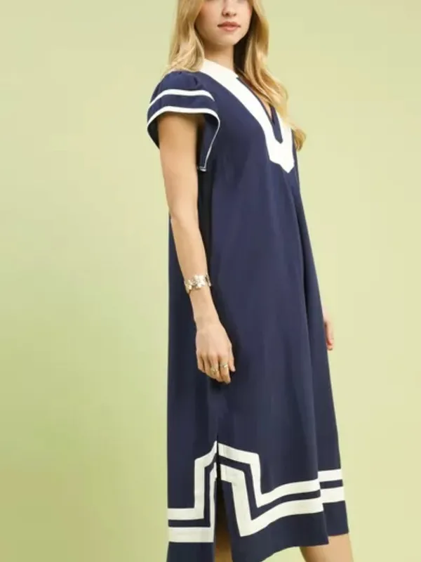 Umgee Linen Cotton‎ Contrast Neckline Midi Dress - Image 2
