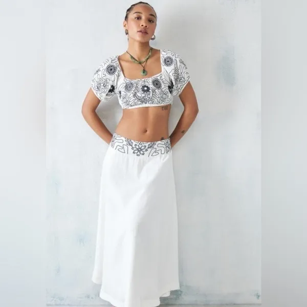 NWT Free People Lotus Set Embroidered Crop Top Maxi Skirt White & Black Size L - Image 3