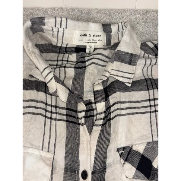 Anthropologie Cloth & Stone Hannah Shirtdress M Plaid‎ Short Sleeve Belted White - Image 6