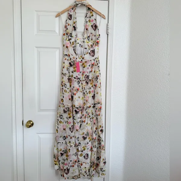 Amanda Uprichard Estella Floral Maxi Dress Halter Cream White‎ Pink Backless M - Image 7