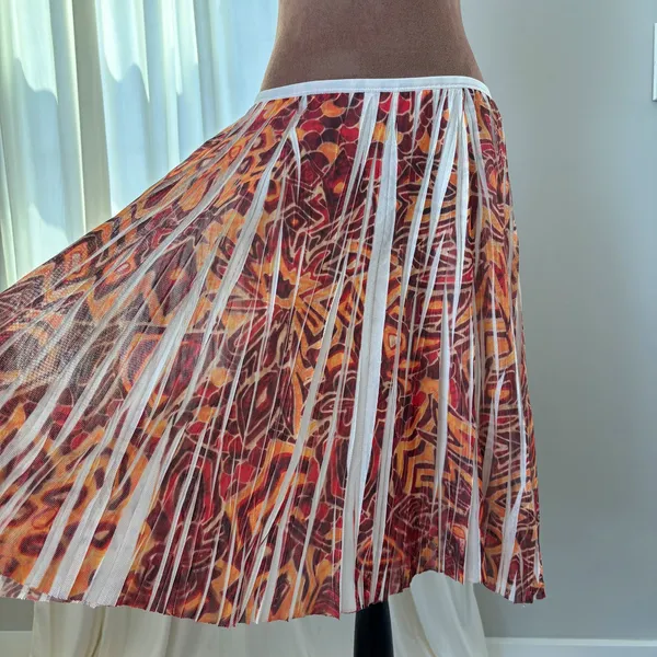 90s Vintage Lapis Midi Skirt M Boho Print Mesh Pleated Panel Summer Whimsy Fairy - Image 3