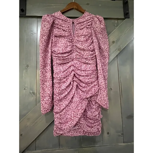 Bardot Pink Floral Ruched Mini Dress Keyhole Long Sleeve XS Fairycore Boho - Image 2