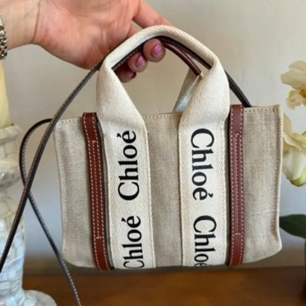 Chloé Mini Woody Tote White Brown Linen Canvas - Image 5