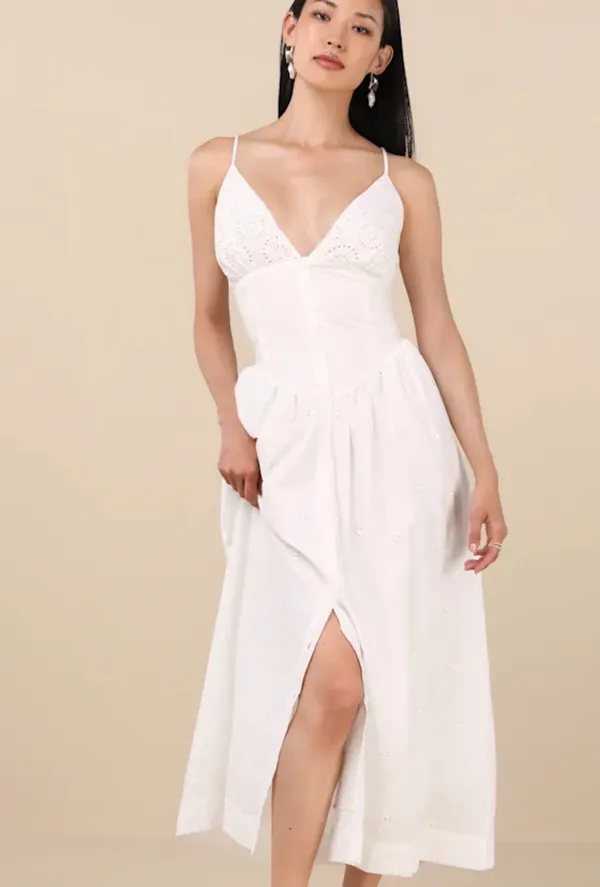 Zahrah Lulus White Eyelet Embroidered Button-Front Midi Dress - Image 2