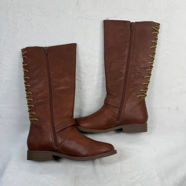 Sugar Brown Faux Leather Lace Up Back Leopard Print Knee High Boots Size 5‎ - Image 5