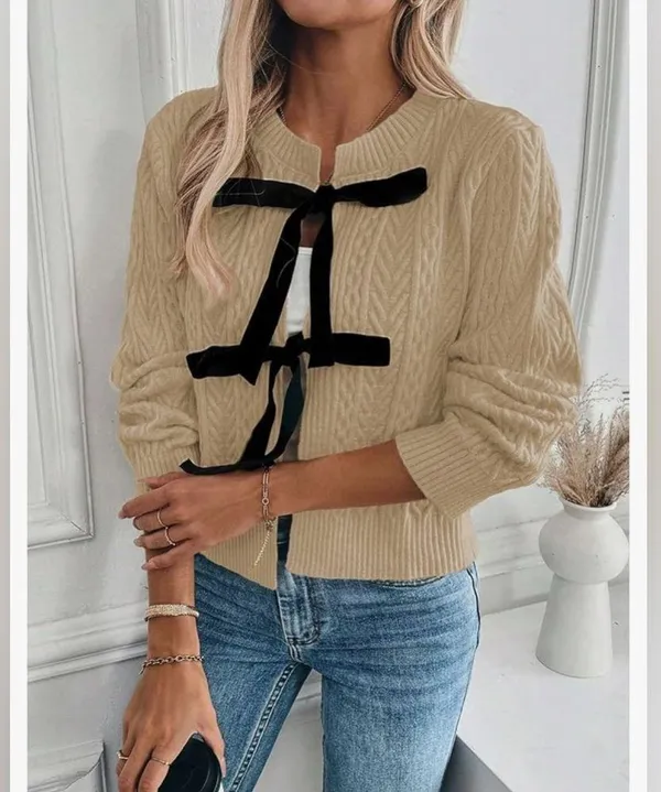 NEW Cable Knit Crew Neck Sweater Cardigan Bow Tie Front Long Sleeve M - Image 5
