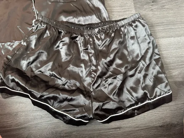 Black Satin Two-Piece Pajama Set (Top + Shorts) - Image 2