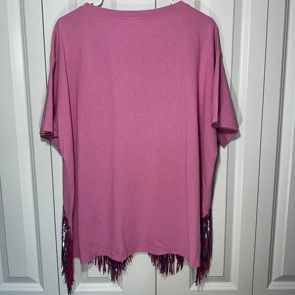 Fantastic Fawn Sequin Fringe Top L Pink Cotton Festival Concert Western Eras - Image 6