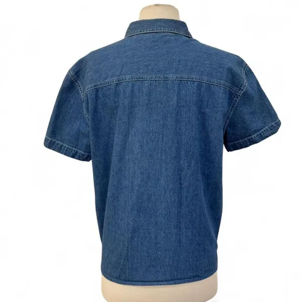 Floral Cat Embroidered Denim Shirt Small Jean Short Sleeve Boho Cottagecore - Image 5