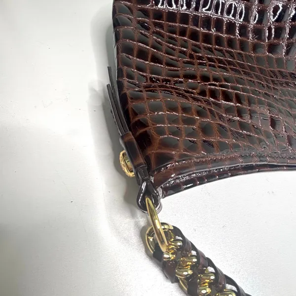 Antonio Melani Brown Patent Leather Croc Embossed Woven Chain Handle Bag - Image 2