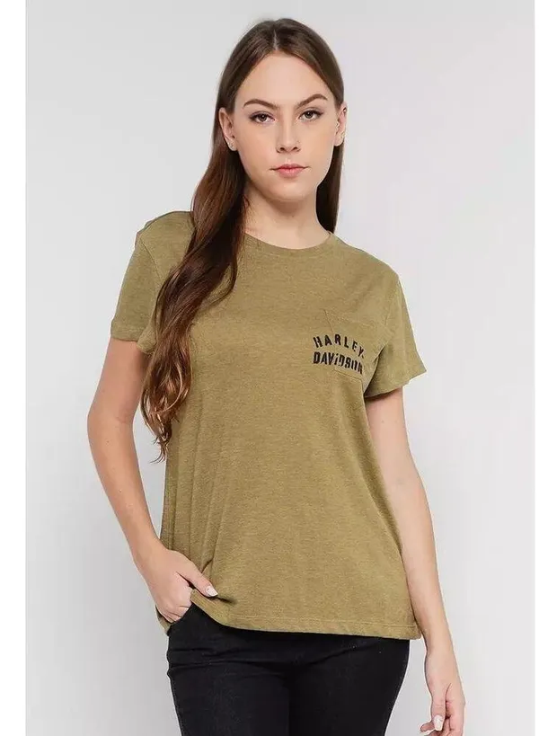 Harley Davidson Women’s Large T Shirt Olive Tour Of Duty Pocket Relaxed Fit Tee - Image 2