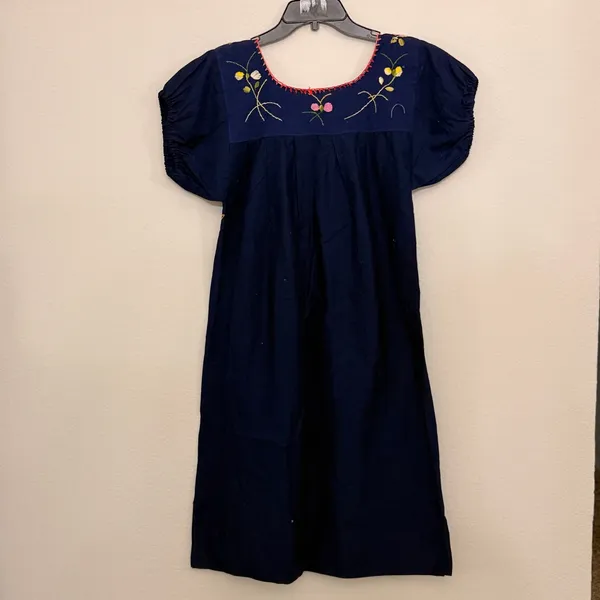 Vintage 1970's Colorful Navy Mexican Huipil Style Dress / ML - Image 3