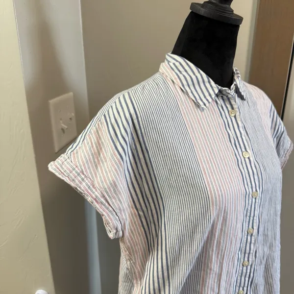 Madewell Button Down Longline Tunic Cap Sleeve Blouse Stripe Blue White‎ Red Top - Image 5