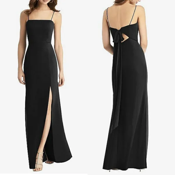 Dessy Collection Square Neck Chiffon Dress Size 2 Black Tie Back Bow Side Slit - Image 2