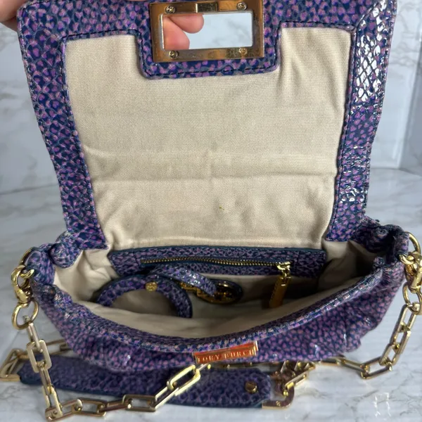 Tory Burch heidi pigskin leopard heart Chain crossbody Bag Purple Small - Image 5