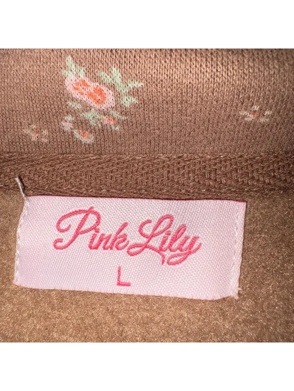 Pink Lily Floral Print Slit-Neck Sweatshirt Brown Size Large Long Sleeve - Image 2