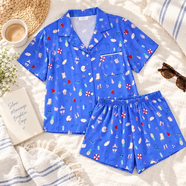 Way to Celebrate Summer Pajama Set XL 16-18 Blue Beach Print Short Sleeve Shorts - Image 3