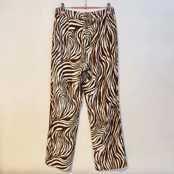 12th Tribe Mid Rise Straight Leg Ankle Trousers Pants Cream Brown Zebra Size S - Image 4