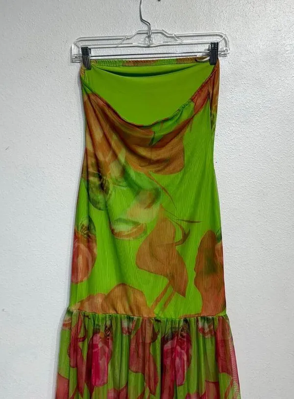 Green Floral Strapless Backless Sheer Mesh Side Slit Maxi Dress Sz S - Image 8