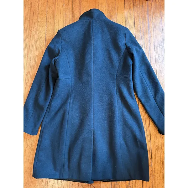 DKNY Coat Womens 12 Green Wool Blend Ruffle Front Snap Button Long Jacket - Image 6