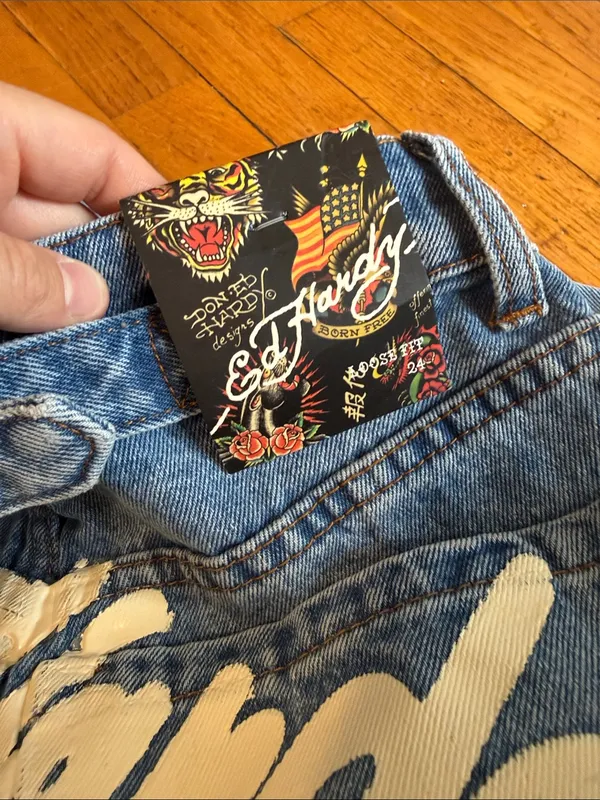 NEW Ed Hardy Light Blue Embroidered Wide Leg loose fit Women's Jeans 24 - Image 6