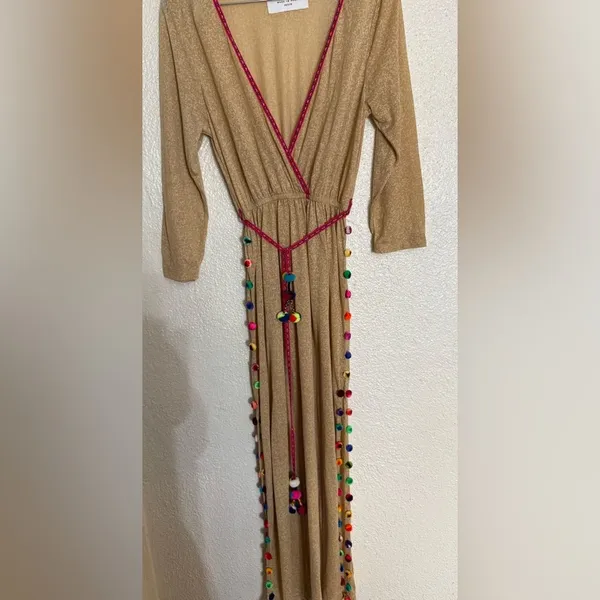 Pitusa Santorini Tan Maxi Dress with Pom Pom Trim petite size - Image 2