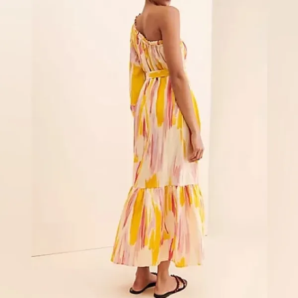 Anthropologie Little Lies Costa Rica One Shoulder Linen Pink Yellow Dress - Image 3