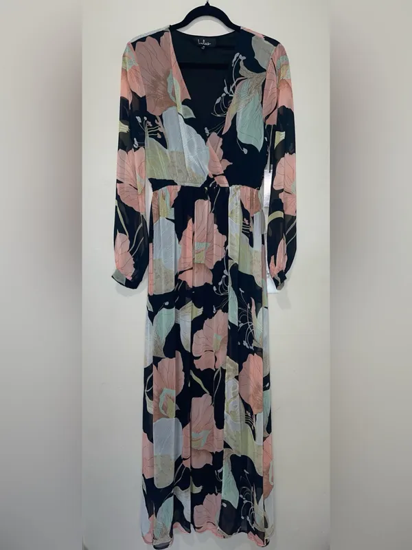 Lulus Wondrous Water Lilies Black Floral Print Maxi Dress Medium New - Image 3