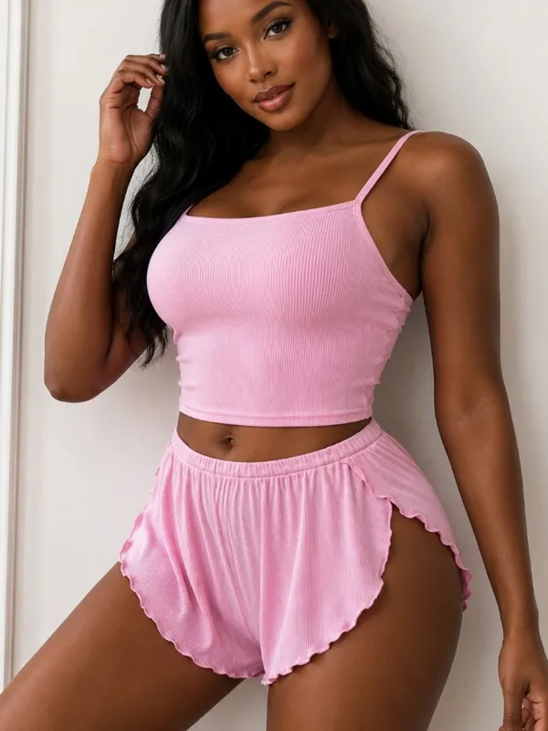 Women's Ribbed Pajama Set Pink 2 Piece Lounge Set Cami & Ruffle Shorts NWT - Image 5