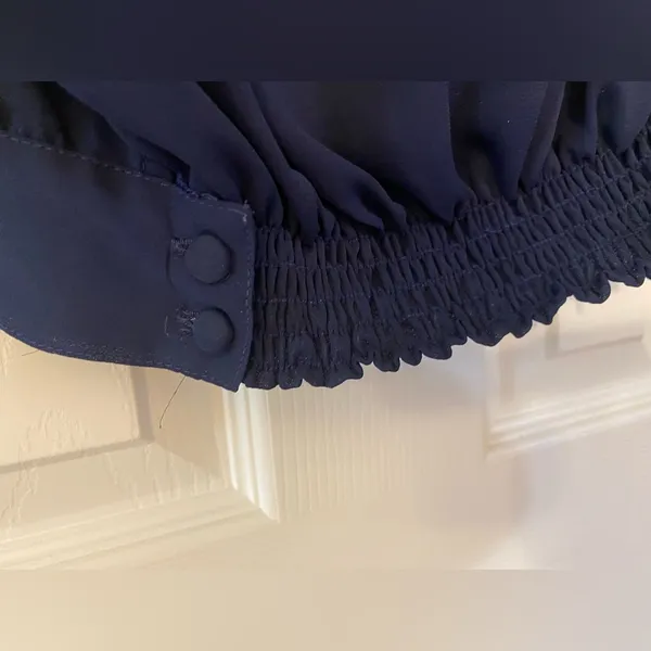 EZ Street | Navy Blue Tie and Cinched Waist Blouse, Size S - Image 3