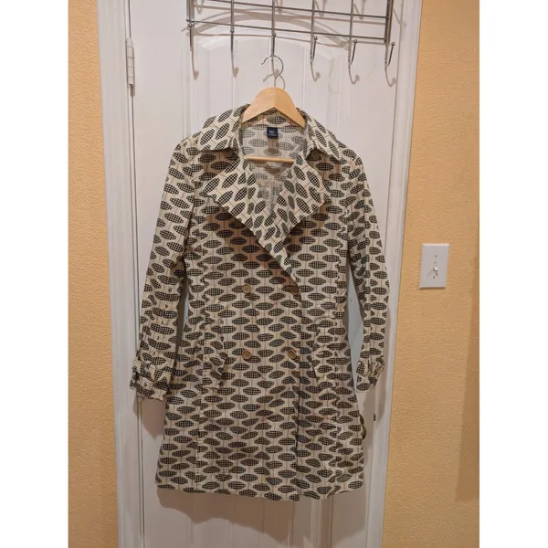 GAP Trench Coat, Geo Print, Ivory, Black & Tan, Sz: XS No Belt - Image 3
