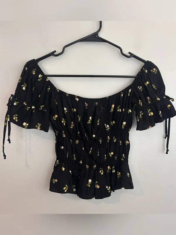 Reformation Solis Briar Black Floral Off the Shoulder Milkmaid Boho Top Small - Image 10
