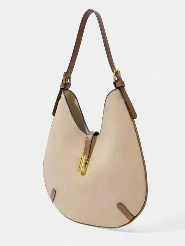 NEW faux leather round Light Taupe cream Crescent Shoulder Bag with Gold Accent - Image 3